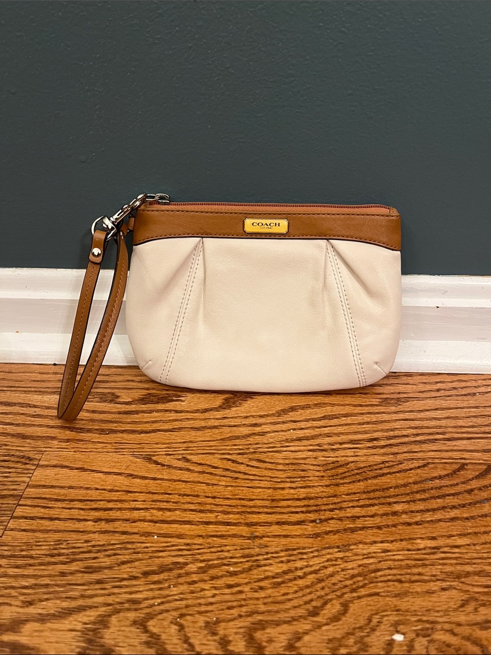 Coach Cream and Tan Leather Wristlet Pouch with Gold Plaque